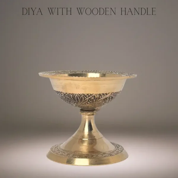 Brass aarti diya with wooden handle – traditional pooja diya for temple and rituals