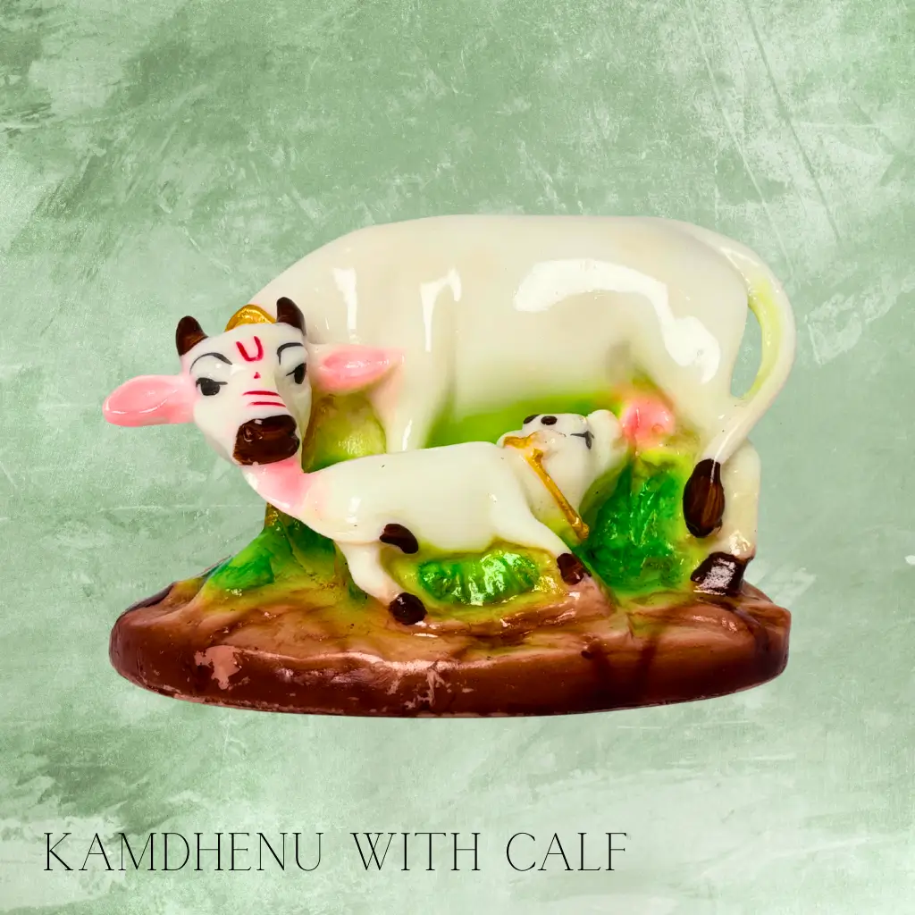 White marble Kamdhenu with calf idol for vastu and home decoration