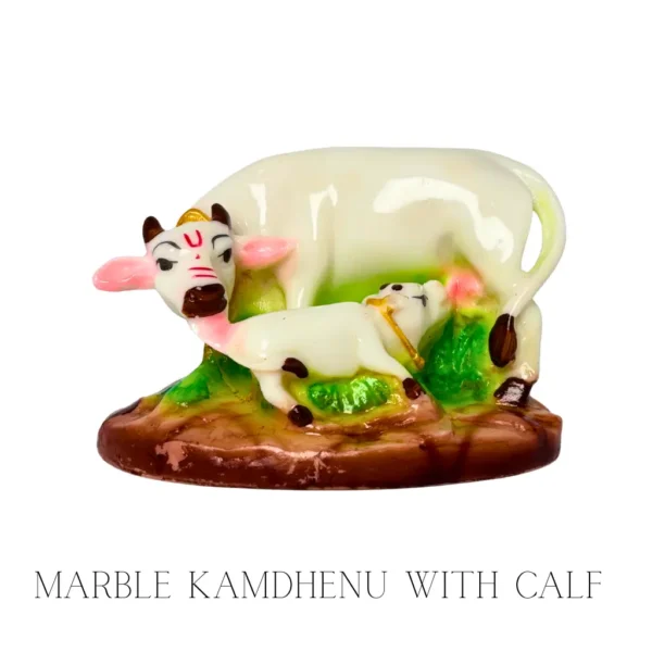 Kamdhenu Marble with Calf idol for pooja rituals, home temples, and spiritual décor at PoojaStore.in