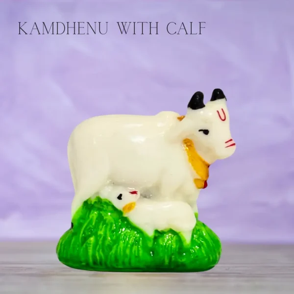 Kamdhenu Marble with Calf idol for pooja rituals, home temples, and spiritual décor at PoojaStore.in