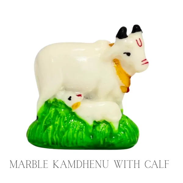 Kamdhenu Marble with Calf idol for pooja rituals, home temples, and spiritual décor at PoojaStore.in