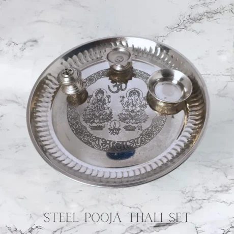 Stainless steel pooja thali with diya and incense holder for Hindu rituals