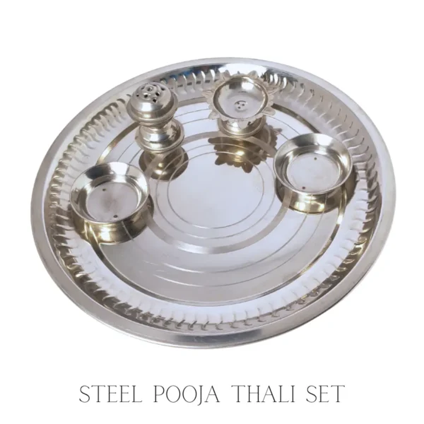 Stainless steel pooja thali for daily rituals and festivals at PoojaStore.in