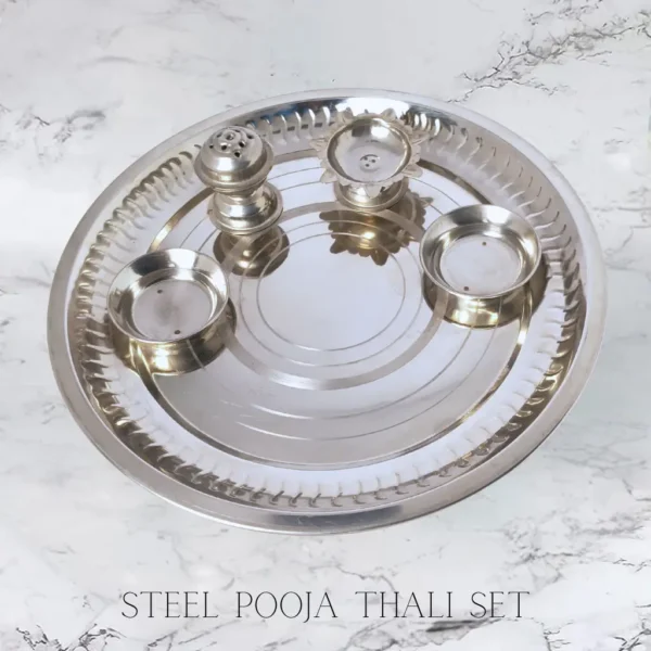 Stainless steel pooja thali for daily rituals and festivals at PoojaStore.in