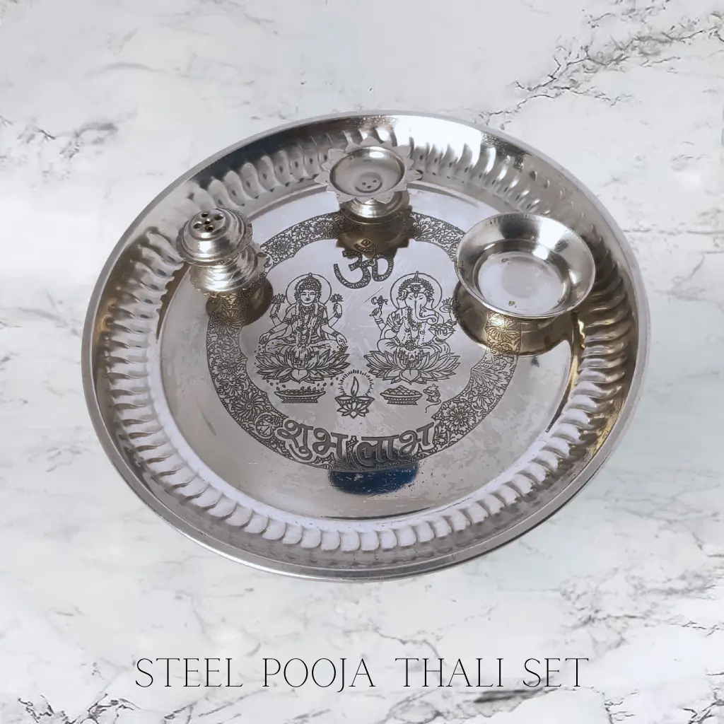 Stainless steel pooja thali with diya and incense holder for Hindu rituals