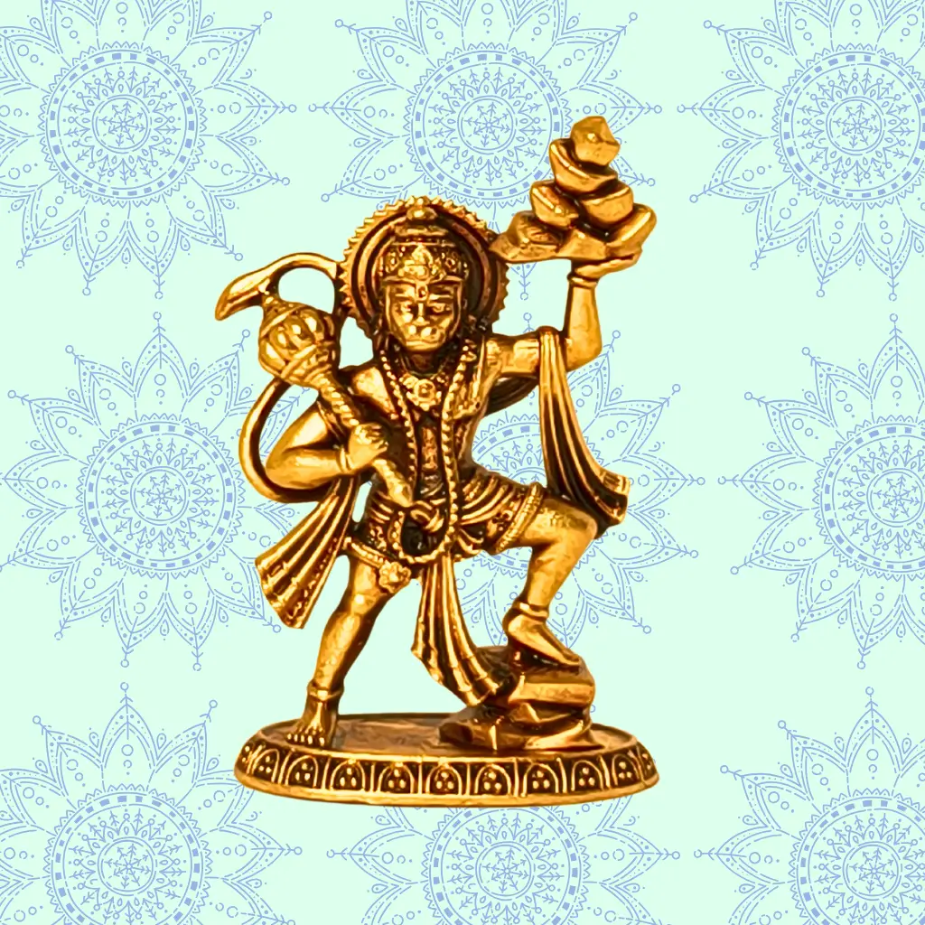 Brass Hanuman idol carrying mountain – divine Pawanputra Hanuman statue for strength, devotion, and positivity