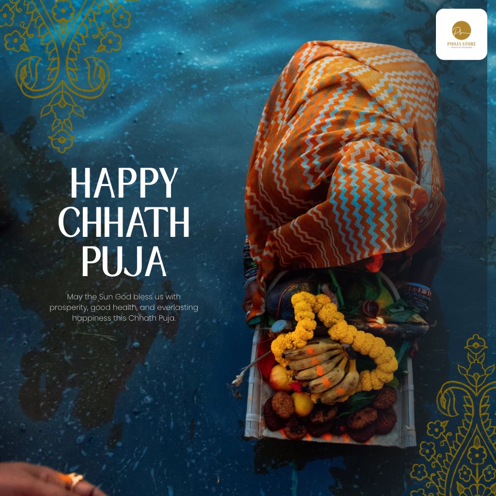 Devotees offering Arghya to the setting sun during Chhath Puja, standing in a river with diyas and baskets filled with fruits and sugarcane, symbolizing devotion to Surya Dev and Chhathi Maiya.